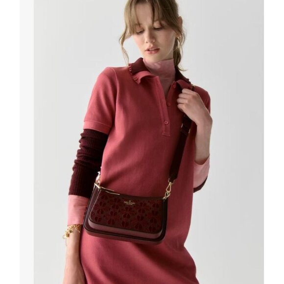 Kate Spade Womens Duet Wine Merlot Flower Grain Leather Small Crossbody New - Picture 3 of 11